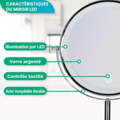 Mirlux Miroir De Maquillage Lumineux LED Rechargeable Chrome, grossissement 1-10x* Miroir Grossissant Lumineux