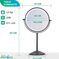 Mirlux Miroir De Maquillage Lumineux LED Rechargeable Noir, Grossissement 1-10x