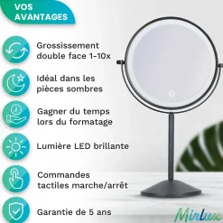 Mirlux Miroir De Maquillage Lumineux LED Rechargeable Noir, Grossissement 1-10x