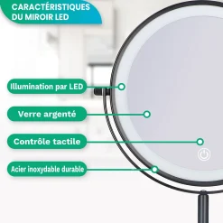 Mirlux Miroir De Maquillage Lumineux LED Rechargeable Noir, Grossissement 1-10x