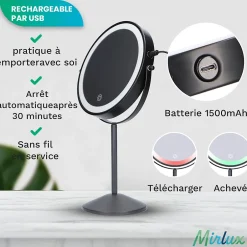 Mirlux Miroir De Maquillage Lumineux LED Rechargeable Noir, Grossissement 1-10x