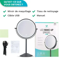 Mirlux Miroir De Maquillage Lumineux LED Rechargeable Noir, Grossissement 1-10x