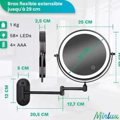 Mirlux Miroir De Maquillage Lumineux LED Rechargeable Noir, Grossissement 1-5x* Miroir Grossissant Lumineux