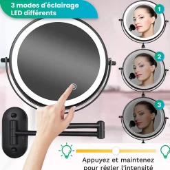 Mirlux Miroir De Maquillage Lumineux LED Rechargeable Noir, Grossissement 1-5x* Miroir Grossissant Lumineux