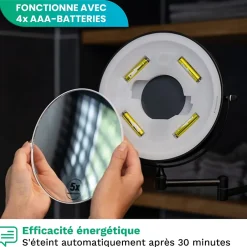 Mirlux Miroir De Maquillage Lumineux LED Rechargeable Noir, Grossissement 1-5x* Miroir Grossissant Lumineux