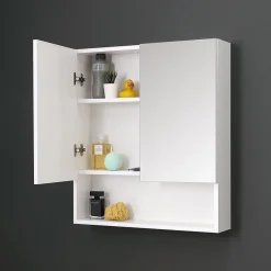 Kiamami Valentina Miroir De Rangement Blanc À Deux Portes Avec Compartiment Inférieur Ouvert