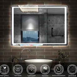 AICA Sanitaire Miroir de salle de bain à LED, dimmable et mémoire, 120x70cm miroir lumineux anti-buée,