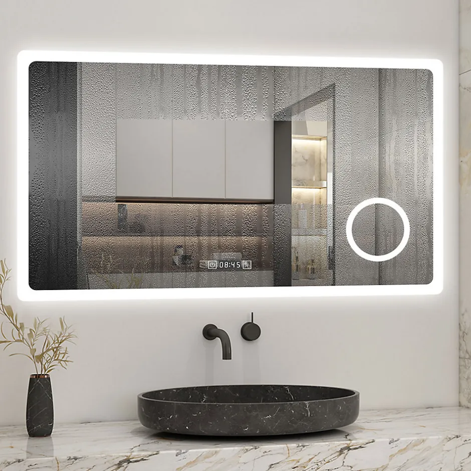AICA Sanitaire Miroir de salle de bain anti-buée avec horloge, blanc froid chaud neutre tactile mural miroir 120x70cm,* Miroir Grossissant Lumineux