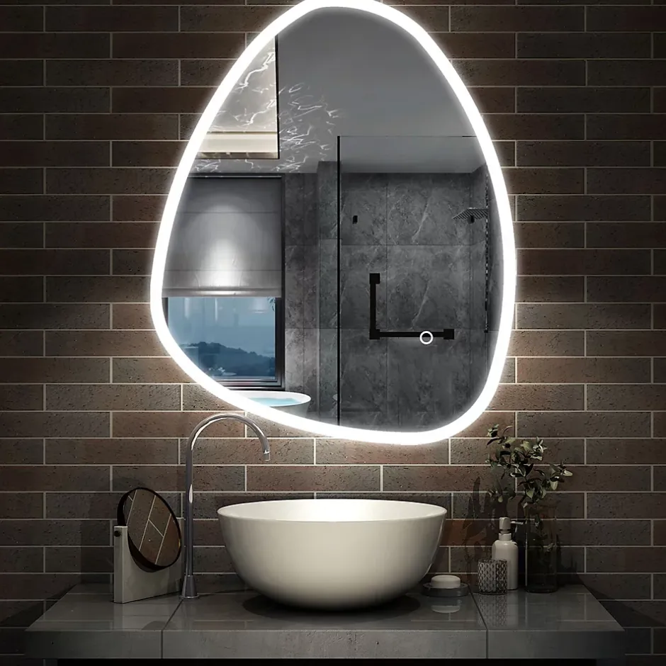 AICA Sanitaire Miroir de salle de bain asymétrique 100x80cm led Teardrop Mirror 3 Colours Dimmable + Anti-buée + Mémoire,* Miroir Lumineux