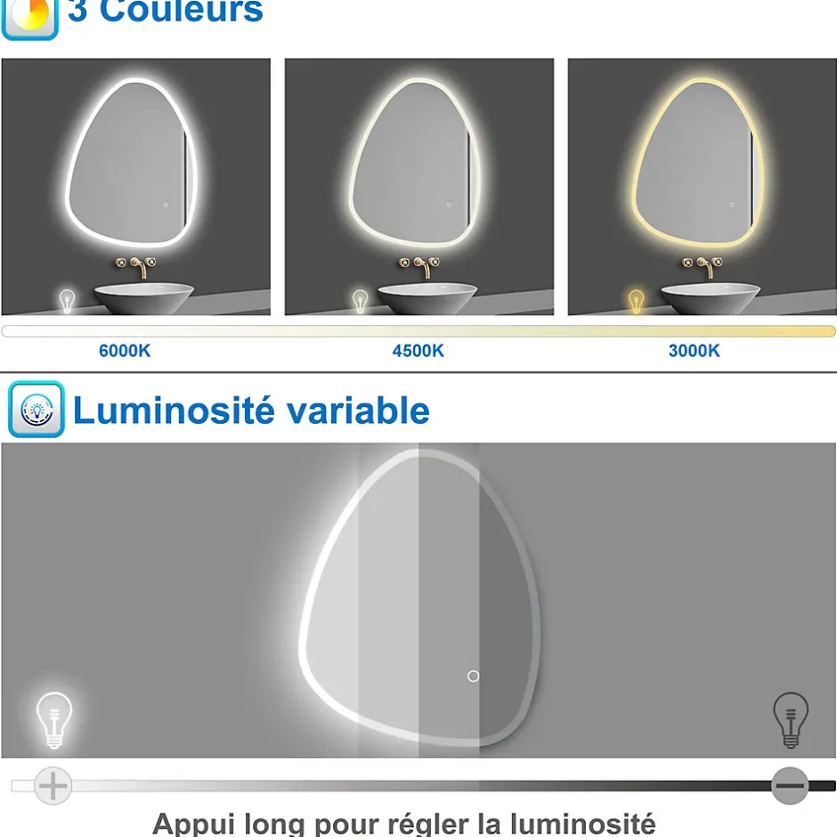 AICA Sanitaire Miroir de salle de bain asymétrique 100x80cm led Teardrop Mirror 3 Colours Dimmable + Anti-buée + Mémoire,* Miroir Lumineux
