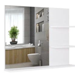Homcom Miroir de salle de bain avec étagères - 2 étagères latérales + grande étagère inférieure - kit installation fourni - MDF blanc