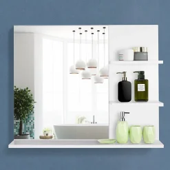 Homcom Miroir de salle de bain avec étagères - 2 étagères latérales + grande étagère inférieure - kit installation fourni - MDF blanc