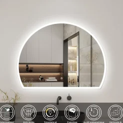 AICA Sanitaire Miroir de salle de bain asymétrique 80x60cm led Demi-cercle Mirror 3 Colours Dimmable + Anti-buée + Mémoire,