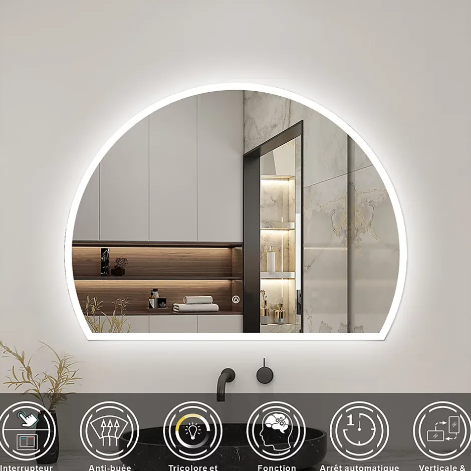 AICA Sanitaire Miroir de salle de bain asymétrique 80x60cm led Demi-cercle Mirror 3 Colours Dimmable + Anti-buée + Mémoire,