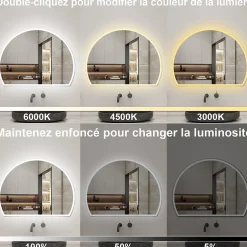 AICA Sanitaire Miroir de salle de bain asymétrique 80x60cm led Demi-cercle Mirror 3 Colours Dimmable + Anti-buée + Mémoire,