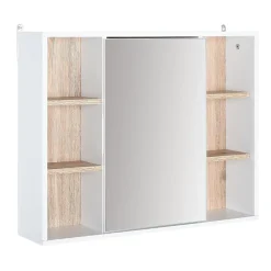 Homcom Miroir de salle de bain avec placard 2 étagères 6 niches latérales blanc effet chêne clair