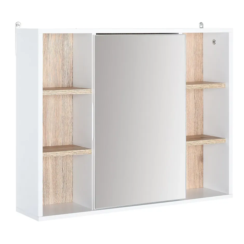 Homcom Miroir de salle de bain avec placard 2 étagères 6 niches latérales blanc effet chêne clair