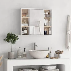 Homcom Miroir de salle de bain avec placard 2 étagères 6 niches latérales blanc effet chêne clair