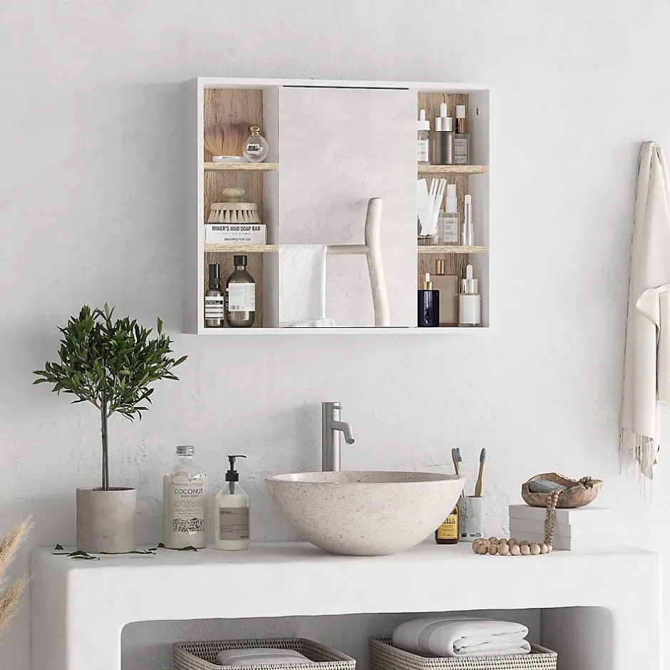 Homcom Miroir de salle de bain avec placard 2 étagères 6 niches latérales blanc effet chêne clair