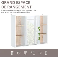 Homcom Miroir de salle de bain avec placard 2 étagères 6 niches latérales blanc effet chêne clair