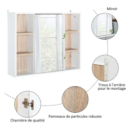 Homcom Miroir de salle de bain avec placard 2 étagères 6 niches latérales blanc effet chêne clair