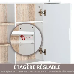 Homcom Miroir de salle de bain avec placard 2 étagères 6 niches latérales blanc effet chêne clair