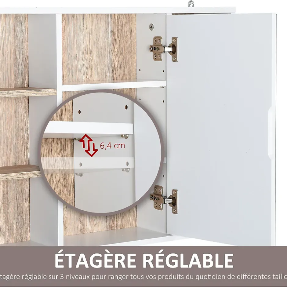 Homcom Miroir de salle de bain avec placard 2 étagères 6 niches latérales blanc effet chêne clair