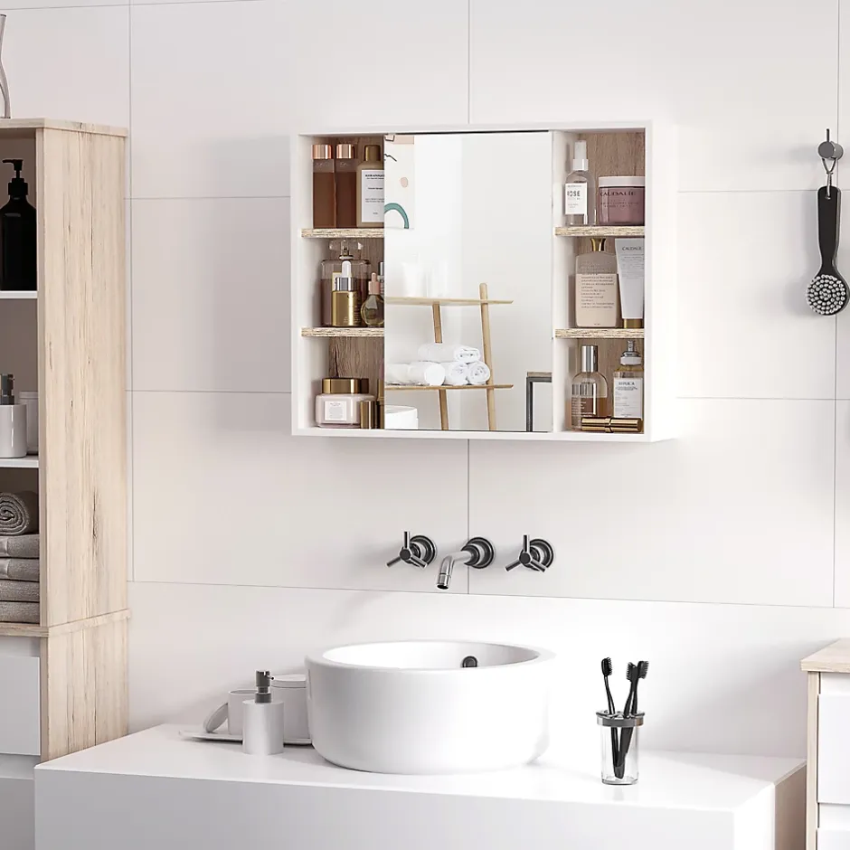 Homcom Miroir de salle de bain avec placard 2 étagères 6 niches latérales blanc effet chêne clair