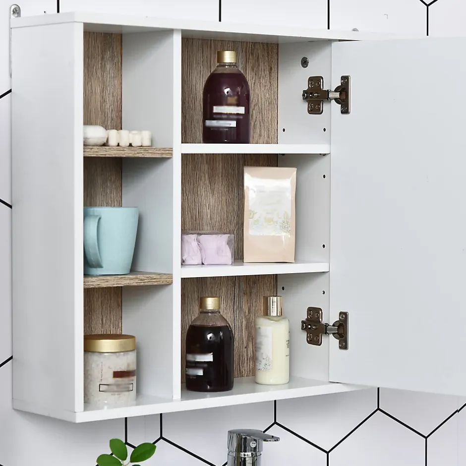 Homcom Miroir de salle de bain avec placard 2 étagères 6 niches latérales blanc effet chêne clair