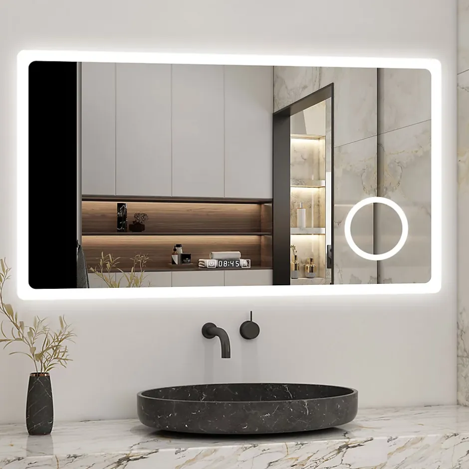AICA Sanitaire Miroir de salle de bain anti-buée avec horloge, blanc froid chaud neutre tactile mural miroir 80x60cm,