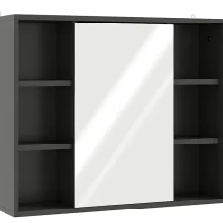 Homcom Miroir de salle de bain avec placard 2 étagères 6 niches latérales noir effet chêne clair