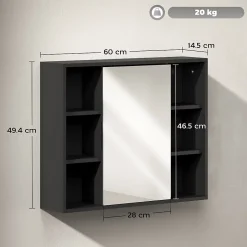 Homcom Miroir de salle de bain avec placard 2 étagères 6 niches latérales noir effet chêne clair