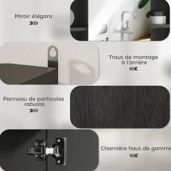 Homcom Miroir de salle de bain avec placard 2 étagères 6 niches latérales noir effet chêne clair