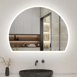 AICA Sanitaire Miroir de salle de bain asymétrique 100x80cm led Demi-cercle Mirror 3 Colours Dimmable + Anti-buée + Mémoire,
