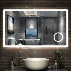 AICA Sanitaire Miroir de salle de bain anti-buée avec horloge, blanc froid chaud neutre tactile mural miroir 120x70cm,* Miroir Lumineux