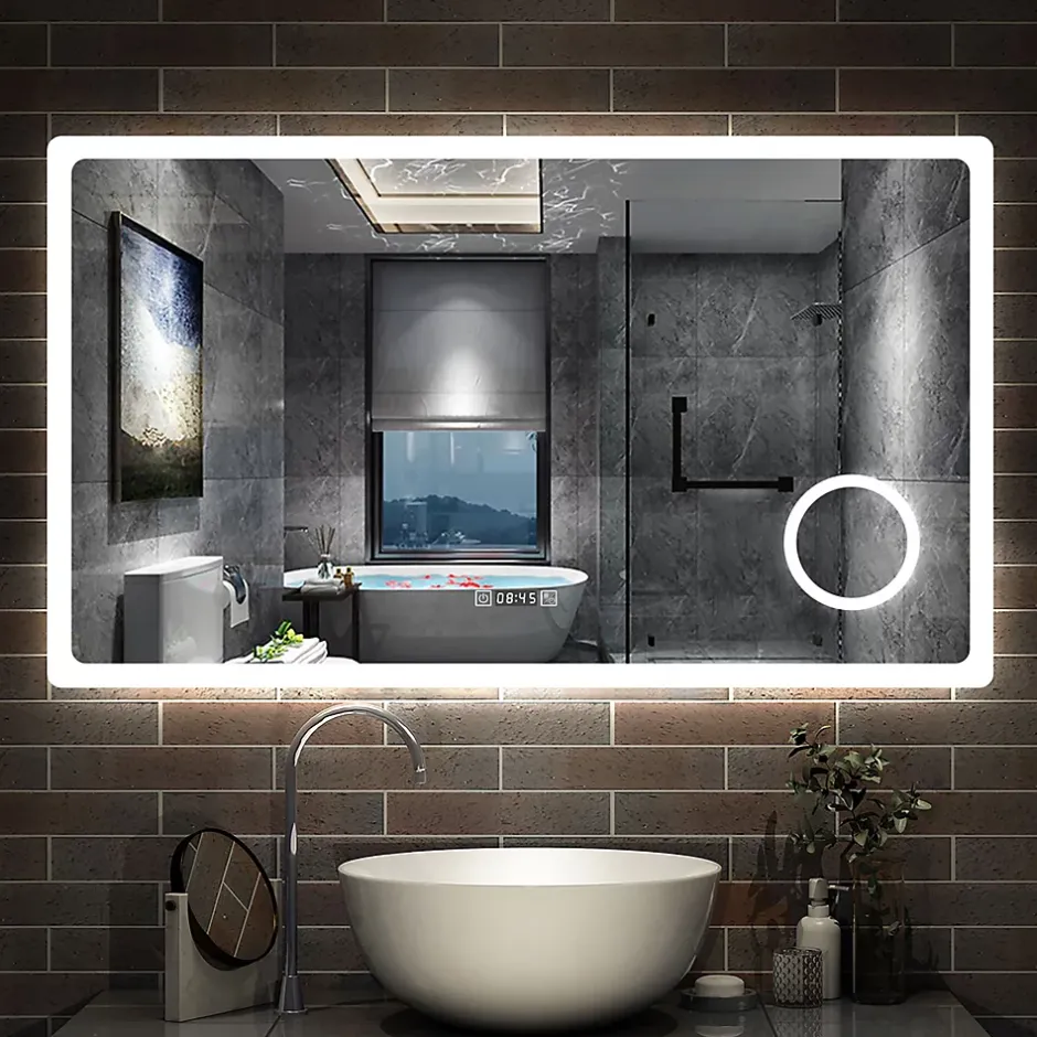 AICA Sanitaire Miroir de salle de bain anti-buée avec horloge, blanc froid chaud neutre tactile mural miroir 120x70cm,* Miroir Lumineux