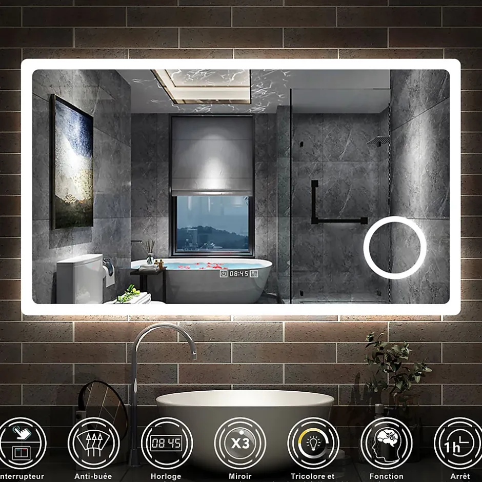 AICA Sanitaire Miroir de salle de bain anti-buée avec horloge, blanc froid chaud neutre tactile mural miroir 120x70cm,* Miroir Lumineux