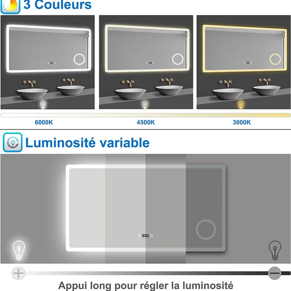 AICA Sanitaire Miroir de salle de bain anti-buée avec horloge, blanc froid chaud neutre tactile mural miroir 120x70cm,* Miroir Lumineux