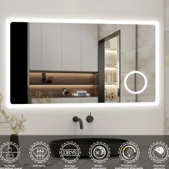 AICA Sanitaire Miroir de salle de bain anti-buée avec horloge, blanc froid chaud neutre tactile mural miroir 160x80cm,