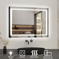 AICA Sanitaire Miroir de salle de bain avec éclairage intégré, L.120 x H.70 cm Miroir lumineux anti buée,* Miroir Lumineux