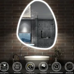 AICA Sanitaire Miroir de salle de bain asymétrique 80x65cm led Teardrop Mirror 3 Colours Dimmable + Anti-buée + Mémoire,* Miroir Lumineux