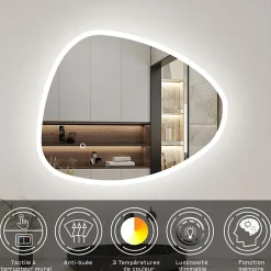 AICA Sanitaire Miroir de salle de bain asymétrique 100x80cm led Teardrop Mirror 3 Colours Dimmable + Anti-buée + Mémoire,* Miroir Lumineux
