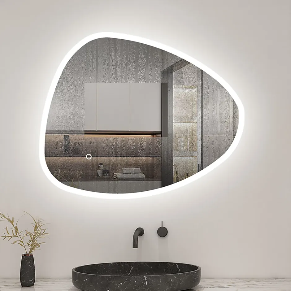 AICA Sanitaire Miroir de salle de bain asymétrique 100x80cm led Teardrop Mirror 3 Colours Dimmable + Anti-buée + Mémoire,* Miroir Lumineux