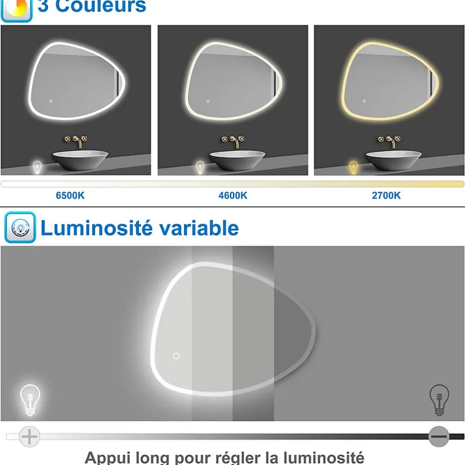 AICA Sanitaire Miroir de salle de bain asymétrique 80x65cm led Teardrop Mirror 3 Colours Dimmable + Anti-buée + Mémoire,* Miroir Lumineux