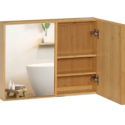 kleankin Miroir de salle de bain avec placard 2 portes - 2 étagères - bois de bambou verni* Armoire De Toilette