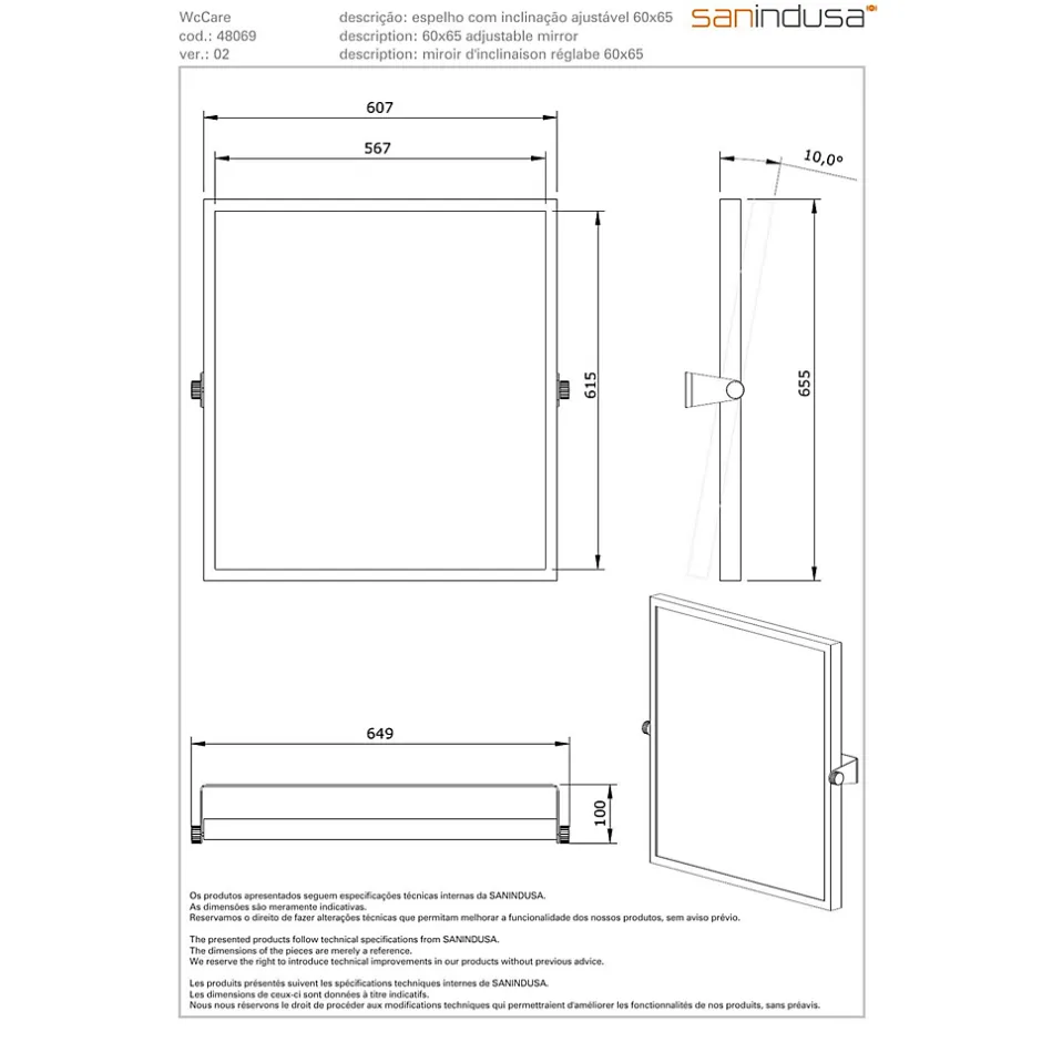 Sanindusa Miroir de salle de bain basculant PMR normes handicapé 60x65 blanc