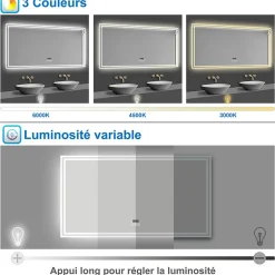 AICA Sanitaire Miroir de salle de bain Bluetooth 160x80 cm, tricolore + horloge + mémoire + dimmable + anti-buée, IP44 Miroir LED,* Miroir Lumineux
