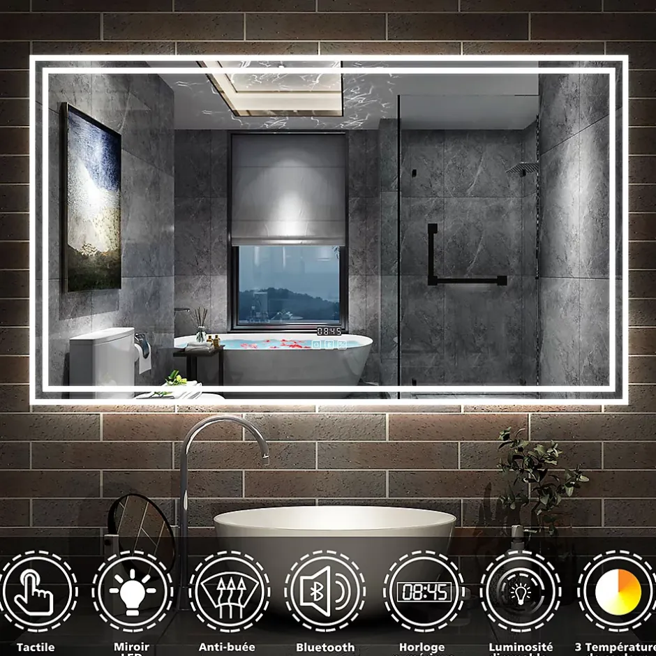 AICA Sanitaire Miroir de salle de bain Bluetooth 120x70 cm, tricolore + horloge + mémoire + dimmable + anti-buée, IP44 Miroir LED,