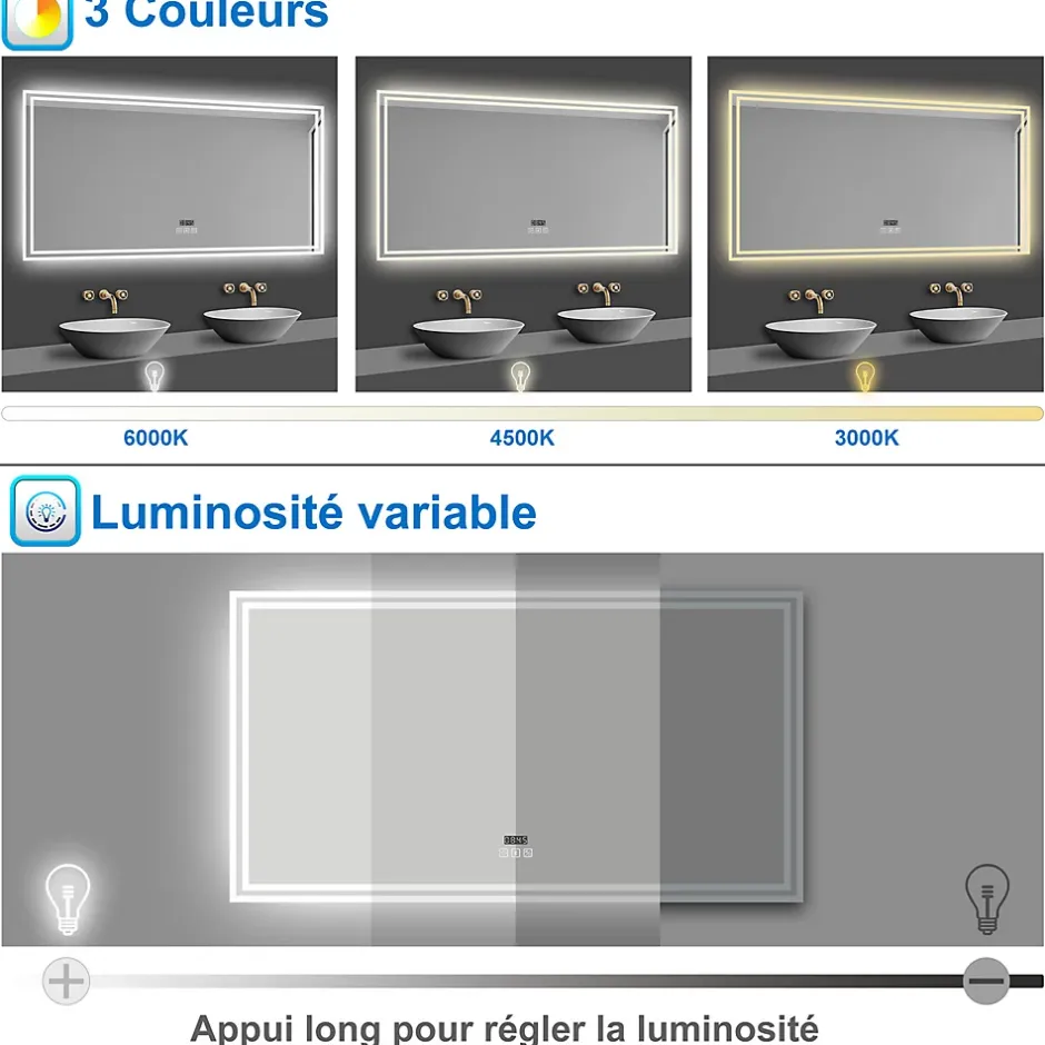 AICA Sanitaire Miroir de salle de bain Bluetooth 120x70 cm, tricolore + horloge + mémoire + dimmable + anti-buée, IP44 Miroir LED,