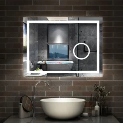 AICA Sanitaire Miroir de salle de bain Bluetooth 80x60 cm, LED tricolore + loupe + mémoire + dimmable + anti-buée, IP44,* Miroir Lumineux